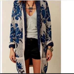 J Jill Cardigan Gray Blue Floral Long Sleeve Tunic Sweater (Free People Dupe)